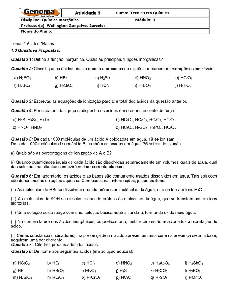 Atividade 3 Quimica Inorganica Acidos e Bases | PDF | Ácido | Hidróxido