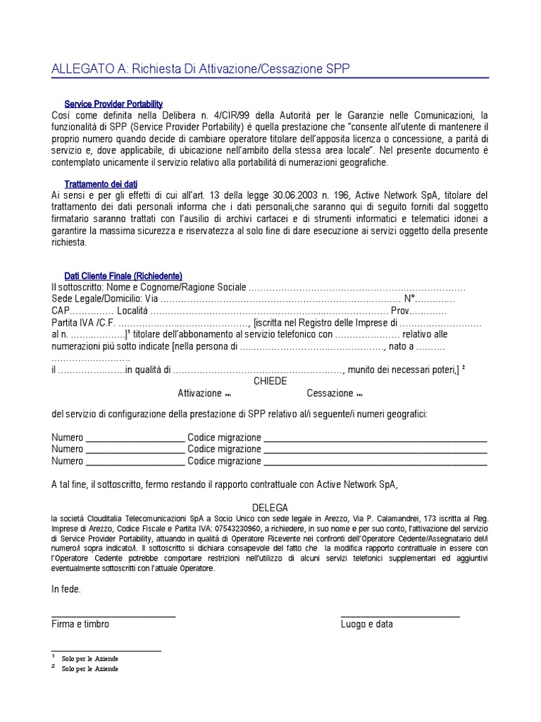 Allegato a richiesta di attivazione cessazione spp service provider