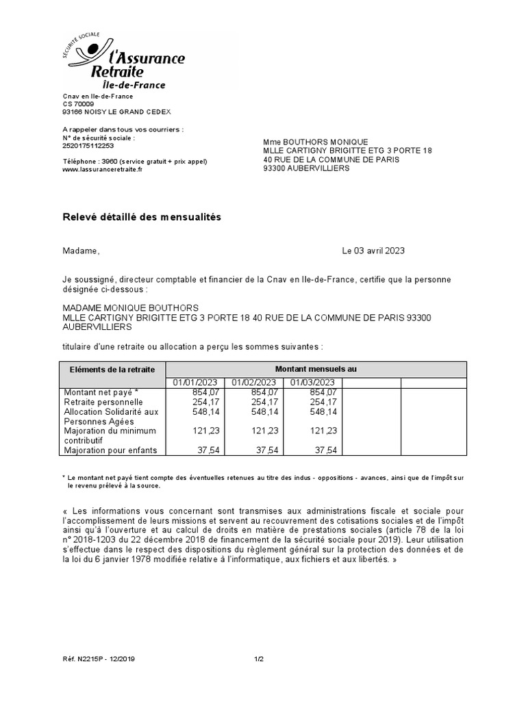 Attestation de paiement retraite CNAV | PDF | Impôts | Retraite