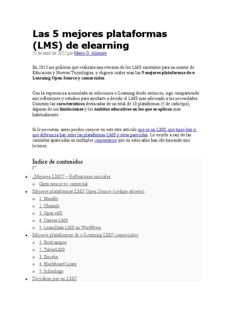 Las 5 Mejores Plataformas LMS | PDF | Moodle | Word Press