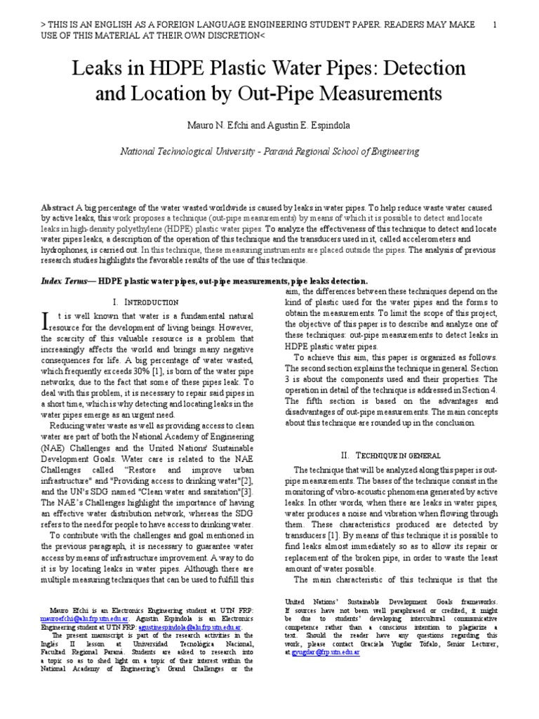 Leaks in HDPE Plastic Water Pipes Detection and Location by OutPipe
