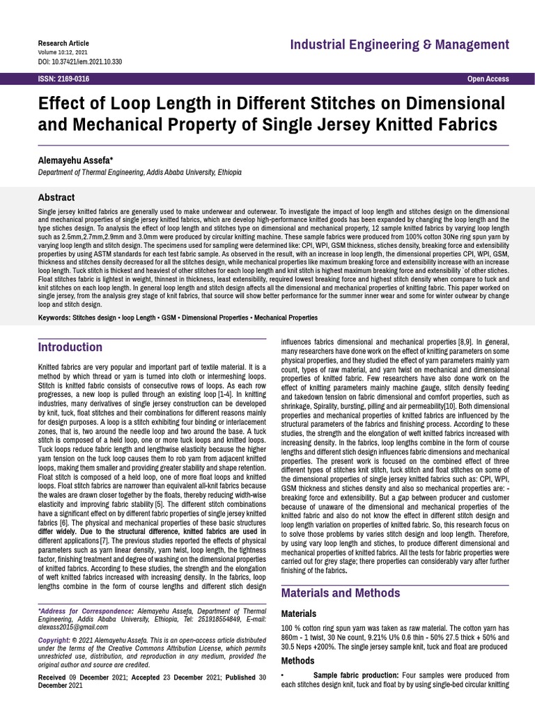 Effect of Loop Length in Different Stitches On Dimensional and
