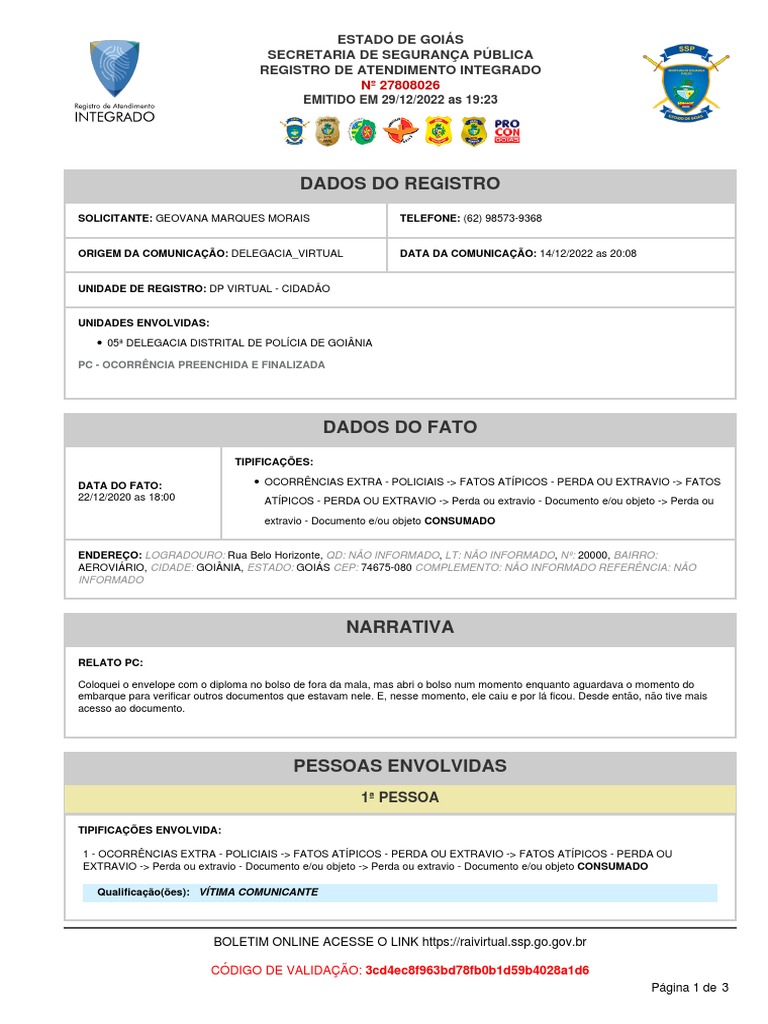 Modelo de Boletim de Ocorrência PDF