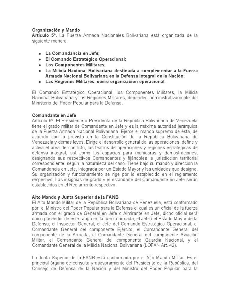 Estructura de la Fuerza Armada Nacional | PDF | Comandante en jefe ...