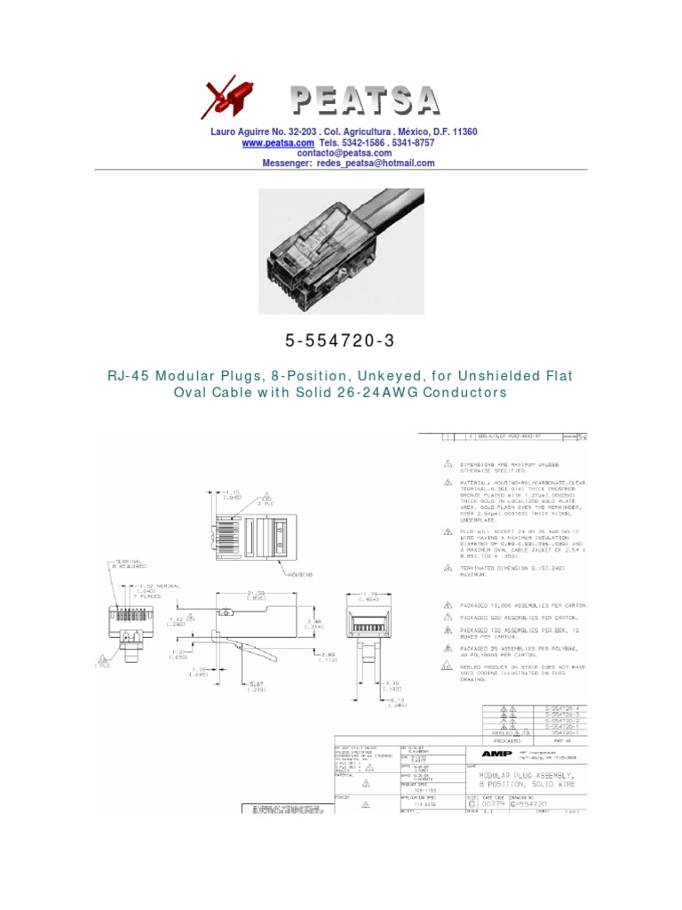 RJ45 Modular Plugs, 8Position, Unkeyed, For Unshielded Flat Oval Cable With Solid 2624AWG