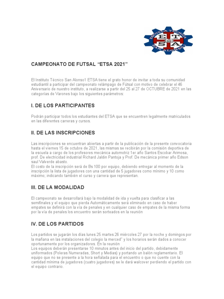 Campeonato Futsal ETSA 2021: Detalles | PDF | Asociación de Futbol ...