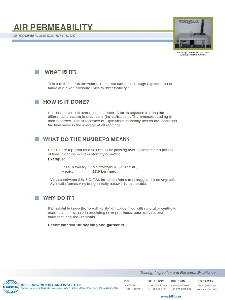 IDFL Test Summary - Air Permeability A4 | PDF | Textiles | Metrology