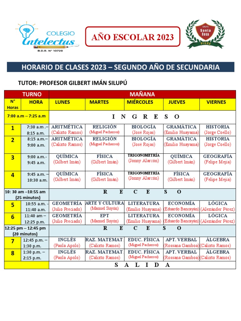 Horario Clases Segundo Año Secundaria | PDF | Matemáticas