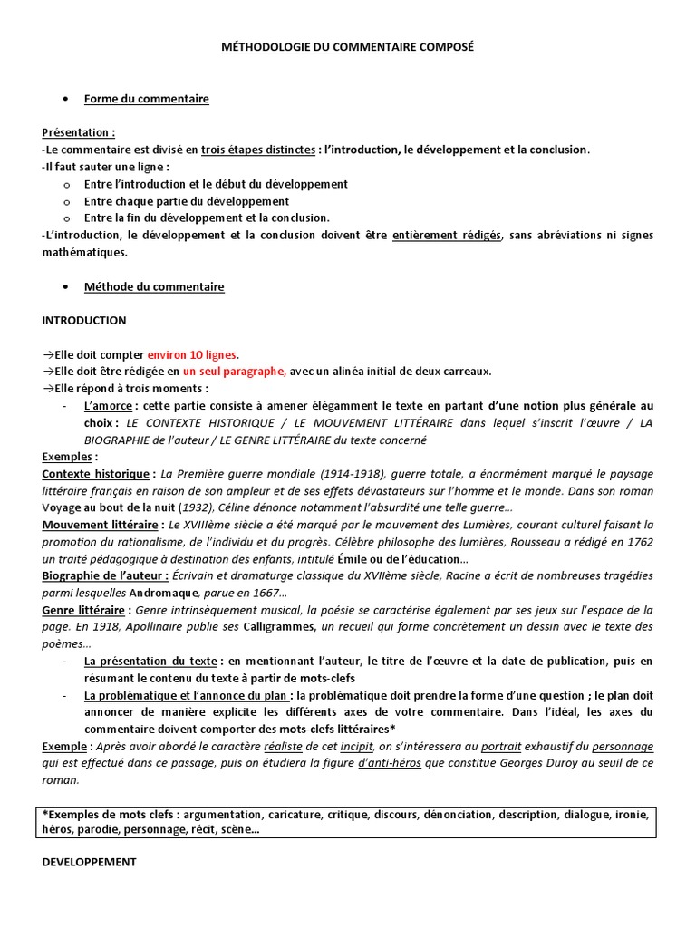 Méthodologie du Commentaire Composé | PDF | Discours (linguistique ...