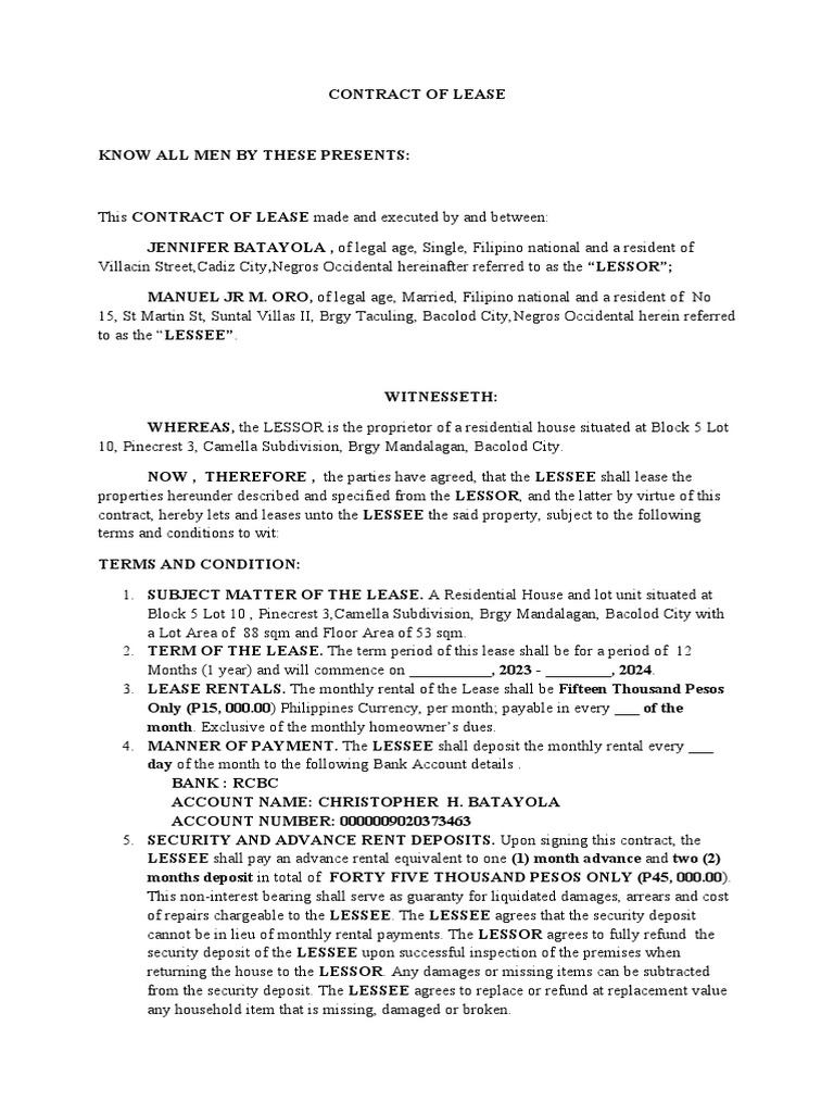 Contract of Lease PDF Lease Property Law