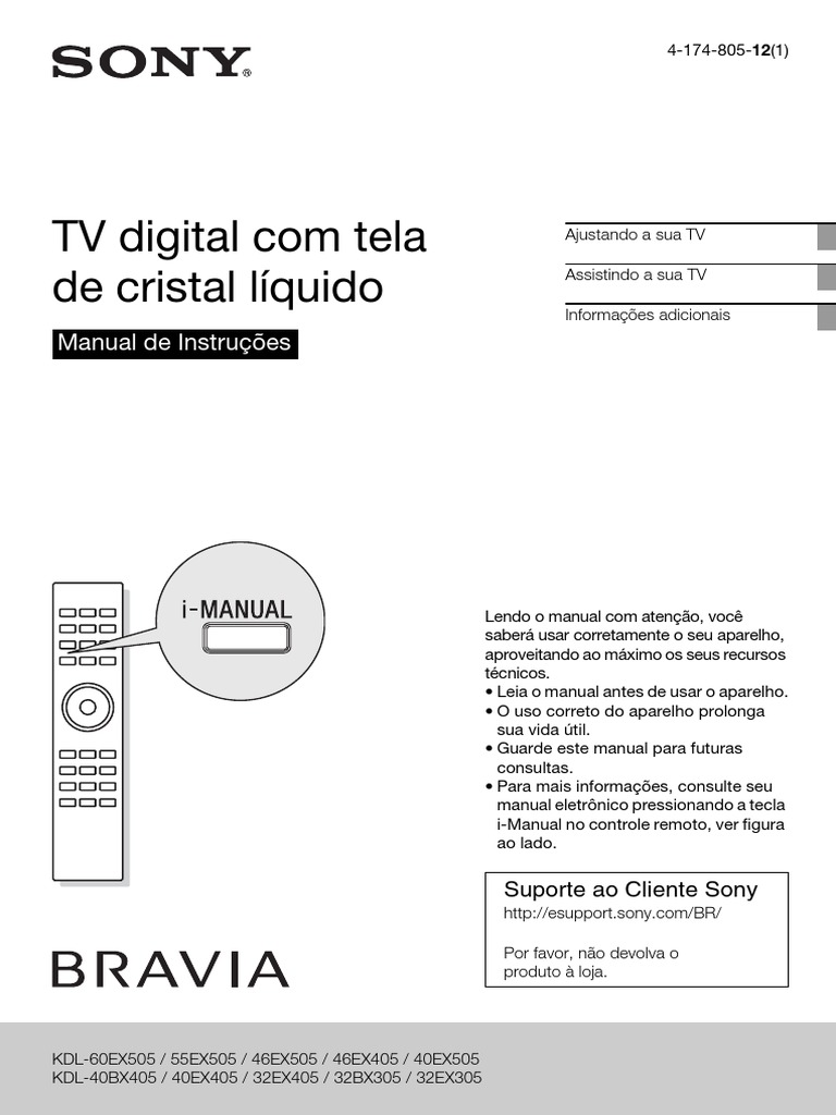 Manual Sony Bravia KDL 40ex405 | PDF | HDMI | Televisão de alta definição