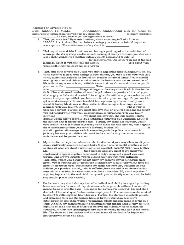 Format For Divorce Notice Nisha | PDF | Marriage | Family