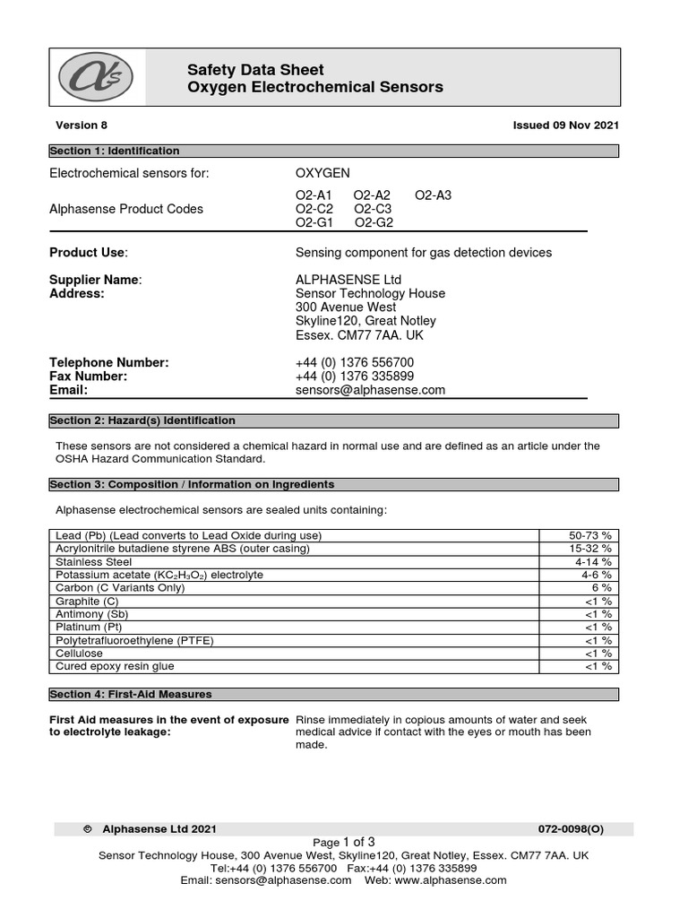 Safety Data Sheet Oxygen Electrochemical Sensors Product Use Supplier