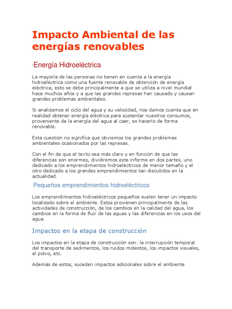 Impacto Ambiental de Energías Renovables | PDF | Reservorio | Represa