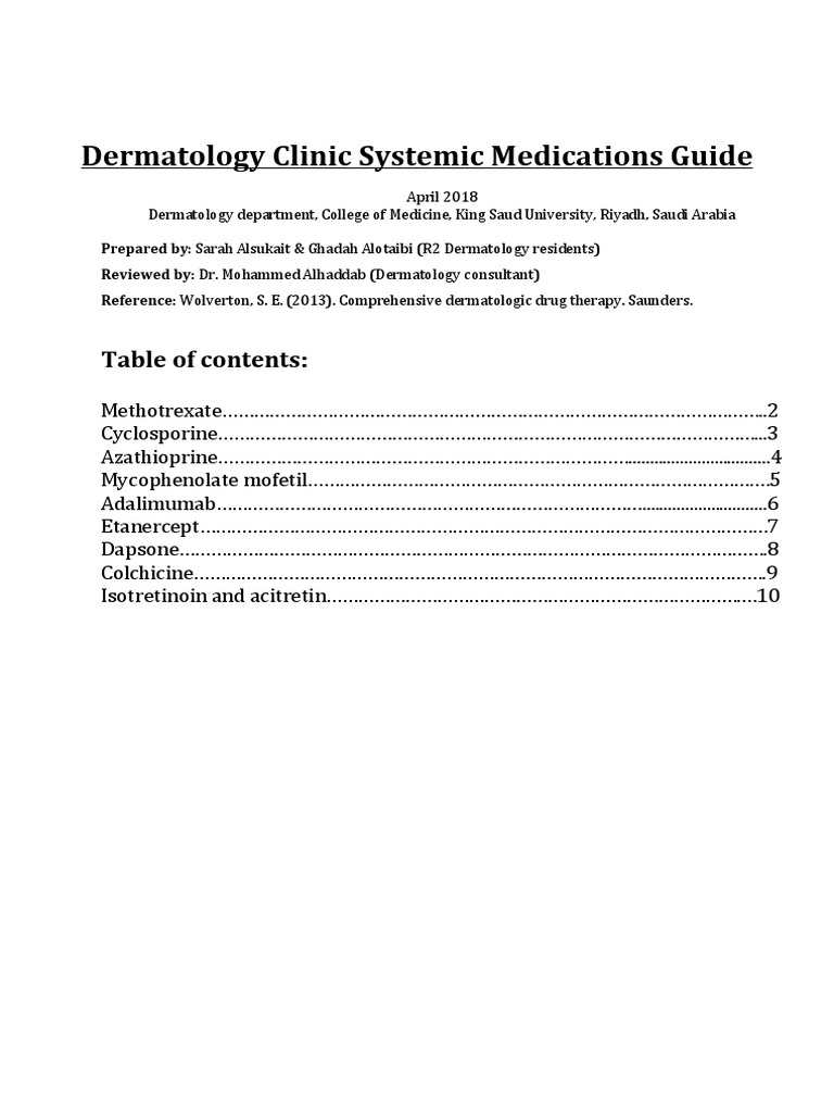 Dermatology Clinic Systemic Medications Guide Final | PDF | Medical ...