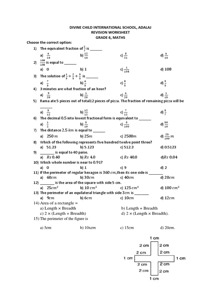 Divine Child International School, Adalaj Revision Worksheet Grade 6 ...