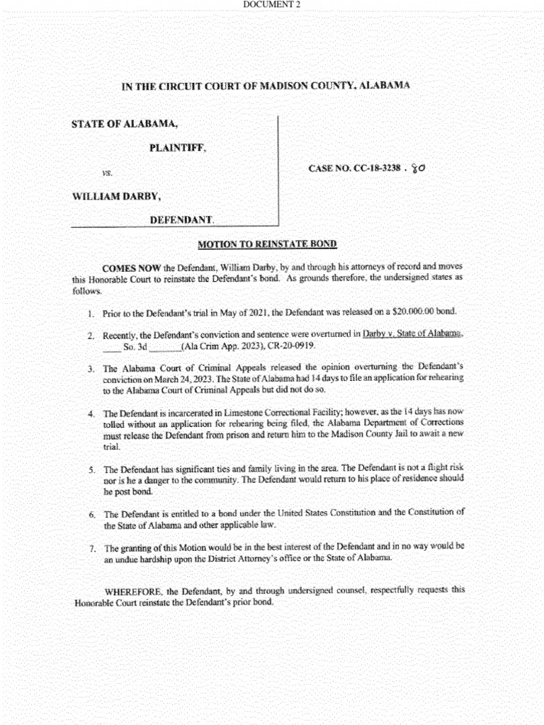 William Darby Motion To Reinstate Bond | PDF