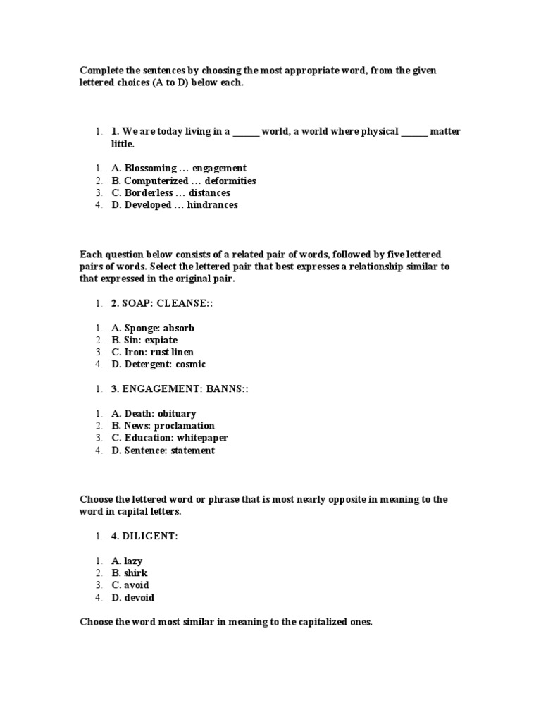 Complete the Sentences by Choosing the Most Appropriate Word