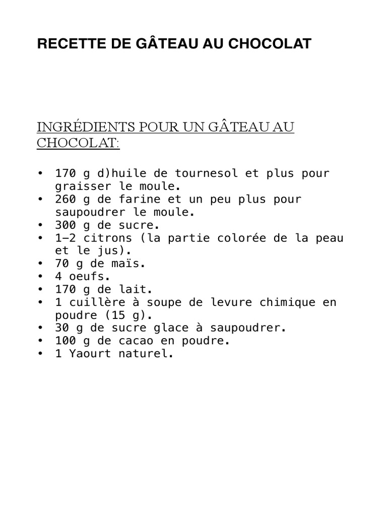 Recette Gâteau au Chocolat Maternelle | PDF | Chocolat | Préparation de ...