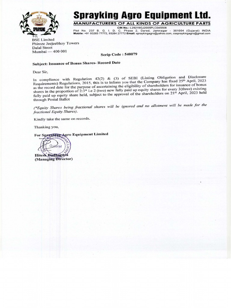 Sprayking Agro Equipment Ltd.iI Spray Rnega'gr ' o . S JN PDF