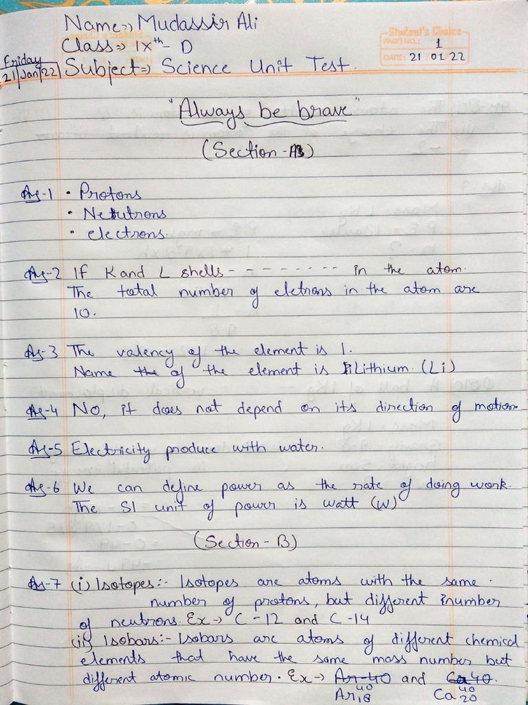 Mudassir Ali Science Unit Test | PDF