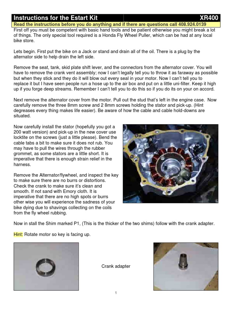Instructions For The Estart Kit XR400 PDF Screw Clutch