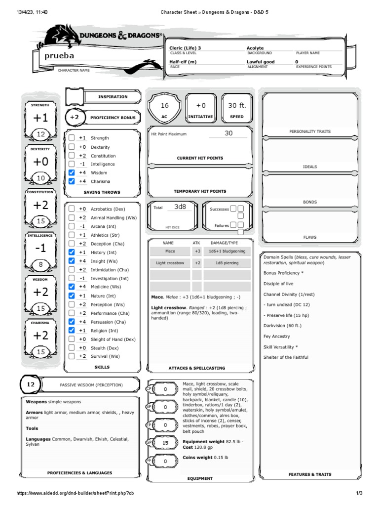 Character Sheet Dungeons Dragons D D 5 PDF Gary Gygax Games