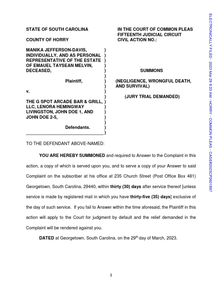 Manika JeffersonDavis vs. G Spot Arcade Bar & Grill Lawsuit PDF