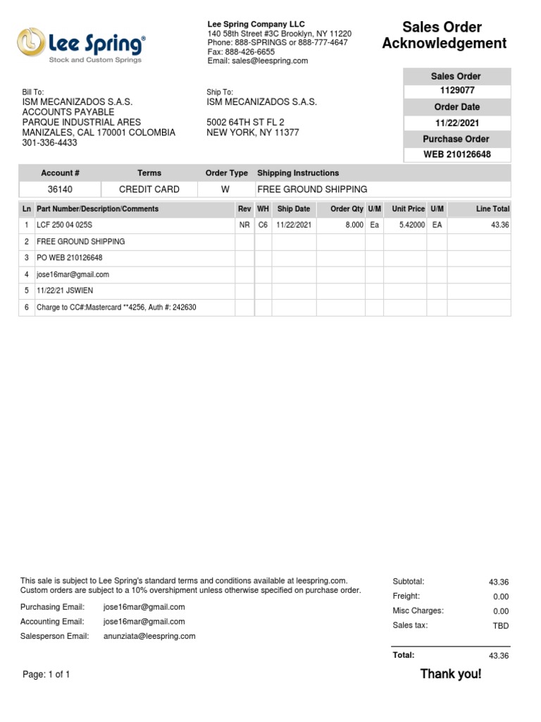 Sales Order Acknowledgment 1129077 | PDF | Corporations | Banking ...