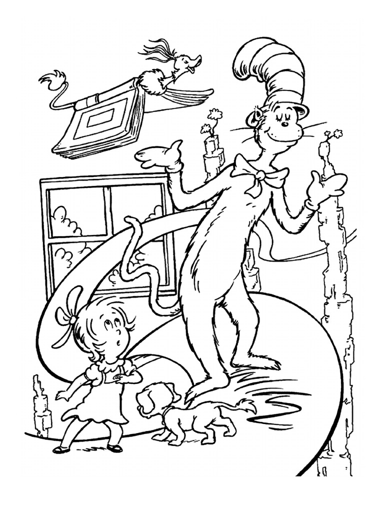 Funny Сat in the hat coloring pages for kids, printable free - Dr