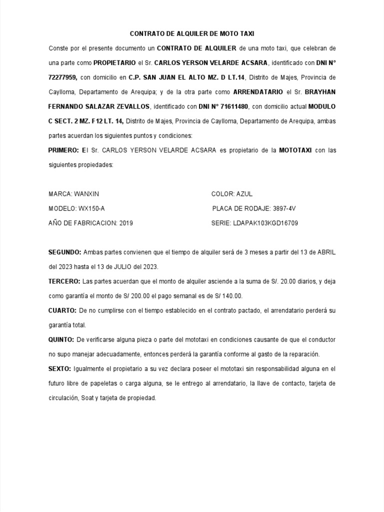 Contrato de Alquiler de Moto Taxi 2023 | PDF | Finanzas y dinero