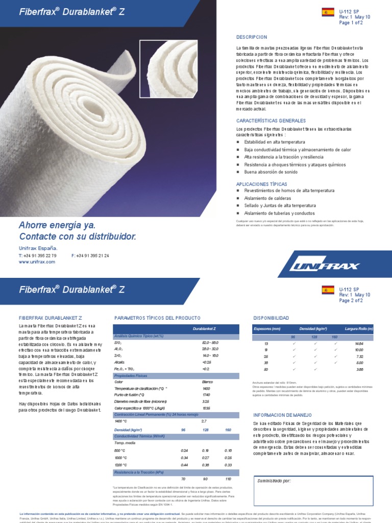 MANTA FIBERFRAX ZIRCONIO Unifrax | PDF | Temperatura | Metrología