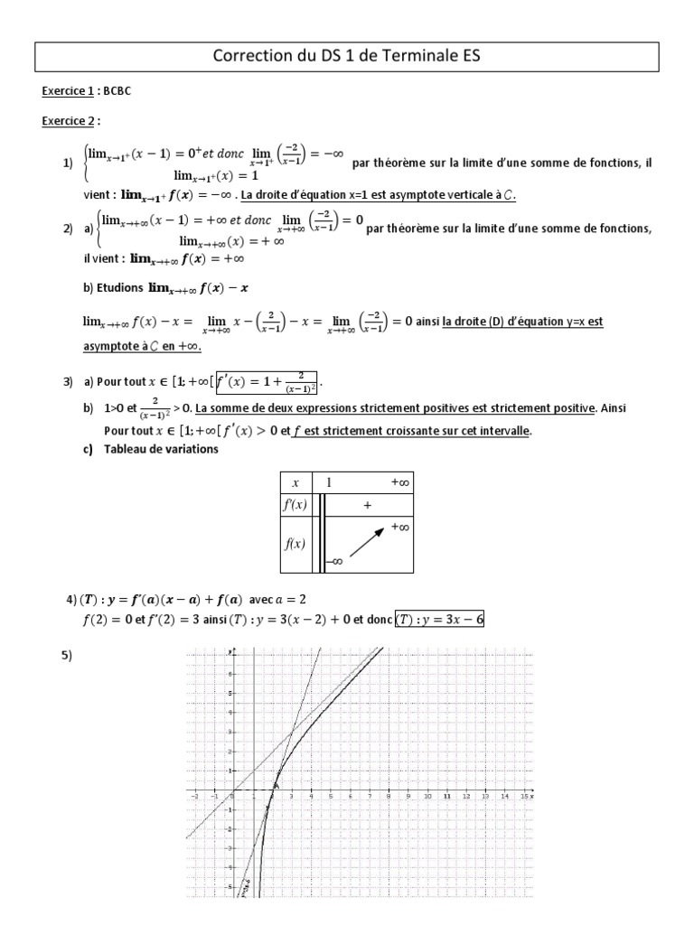 Correction DS 1 Maths Terminale ES | PDF | Asymptote | Analyse mathématique