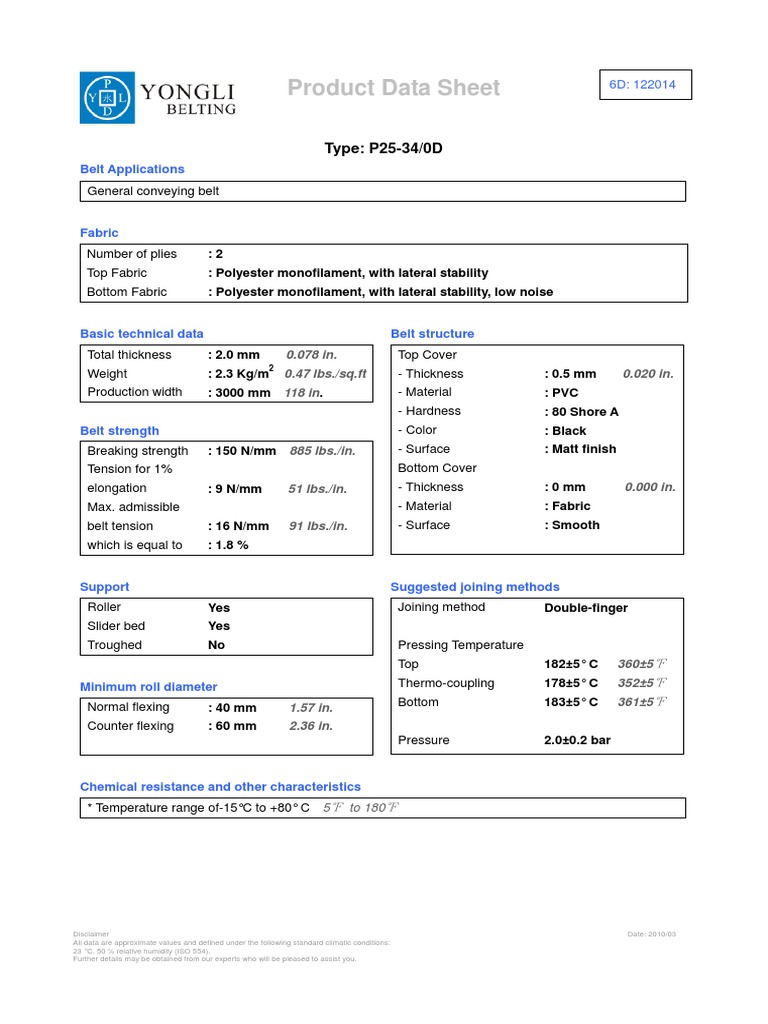 Product Data Sheet: Type: P25-34/0D | PDF | Belt (Mechanical) | Fahrenheit