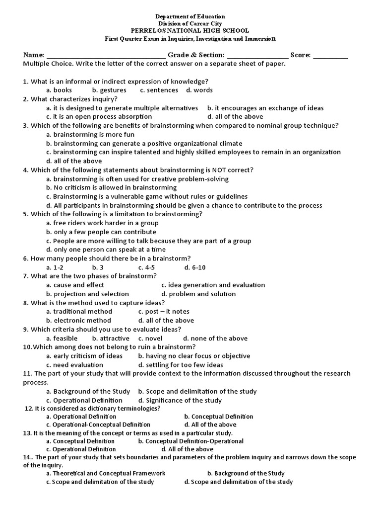 First Quarter Exam: Inquiry & Immersion | PDF | Brainstorming ...
