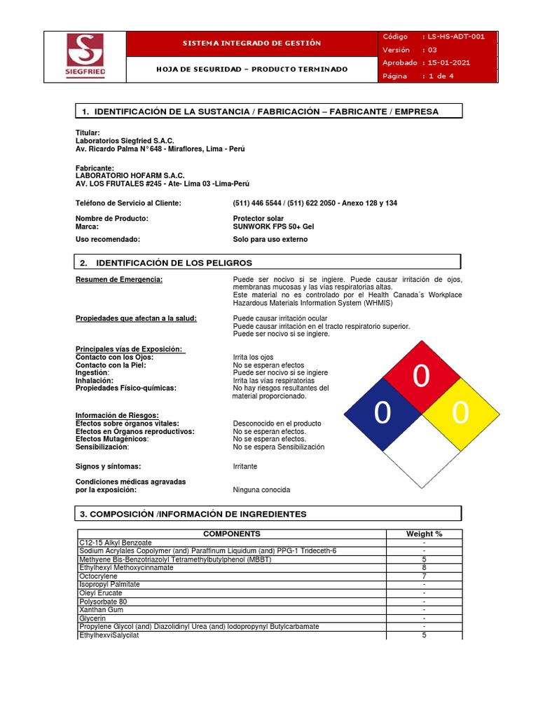 Hoja de Seguridad: Bloqueador Sunwork | PDF | Residuos | Toxicidad