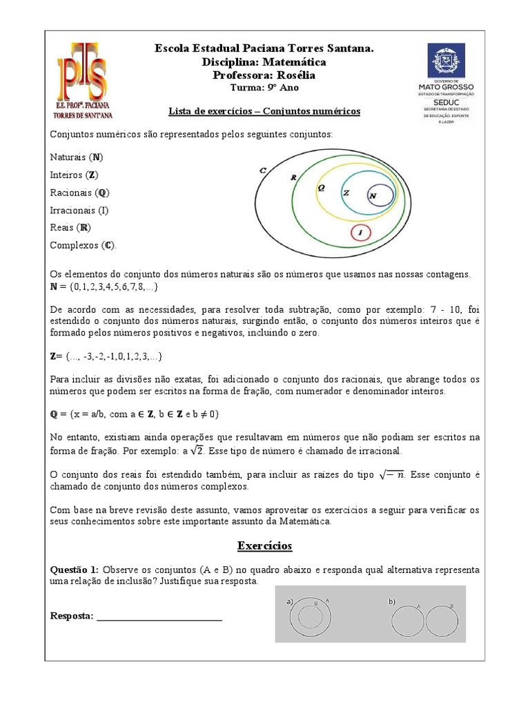 9º ANO - Exercícios - Conjuntos Numéricos | PDF | Número racional ...