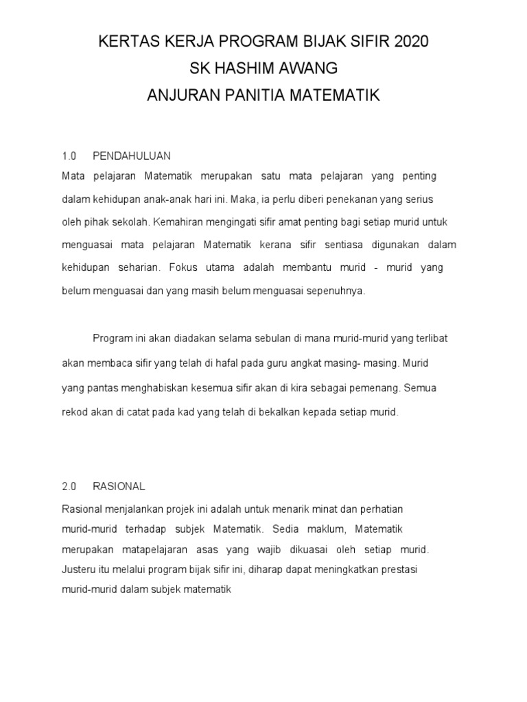 Kertas Kerja Program Bijak Sifir Skha 2020 | PDF