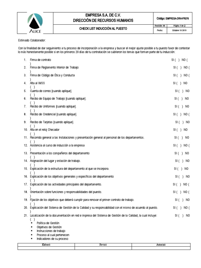 Check List Inducción al Puesto | PDF | Gestión de la calidad | Business