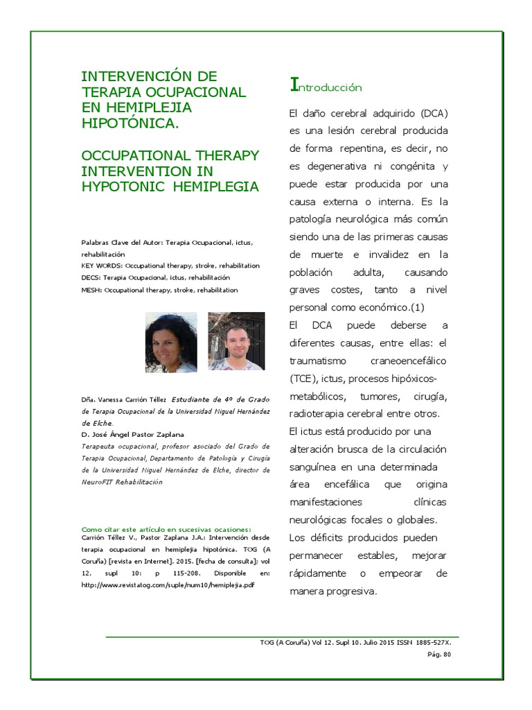 Intervención de Terapia Ocupacional en Hemiplejia Hipotónica
