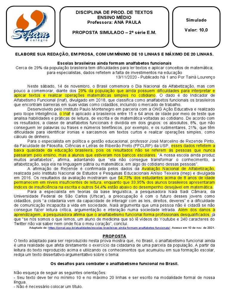 Analfabetismo Funcional Pdf Alfabetização Brasil