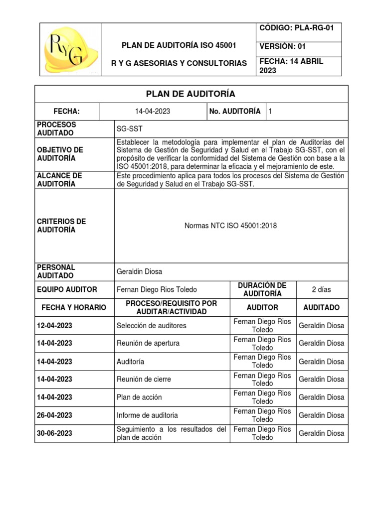 Plan de Auditoría SG-SST ISO 45001 | PDF | Auditoría | Business