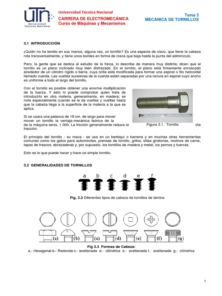 Tipos y mecánica de tornillos | PDF | Tornillo | Equipo
