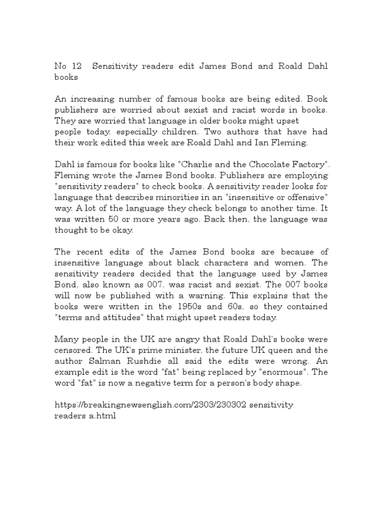 No 12 Sensitivity readers edit James Bond and Roald Dahl books PDF
