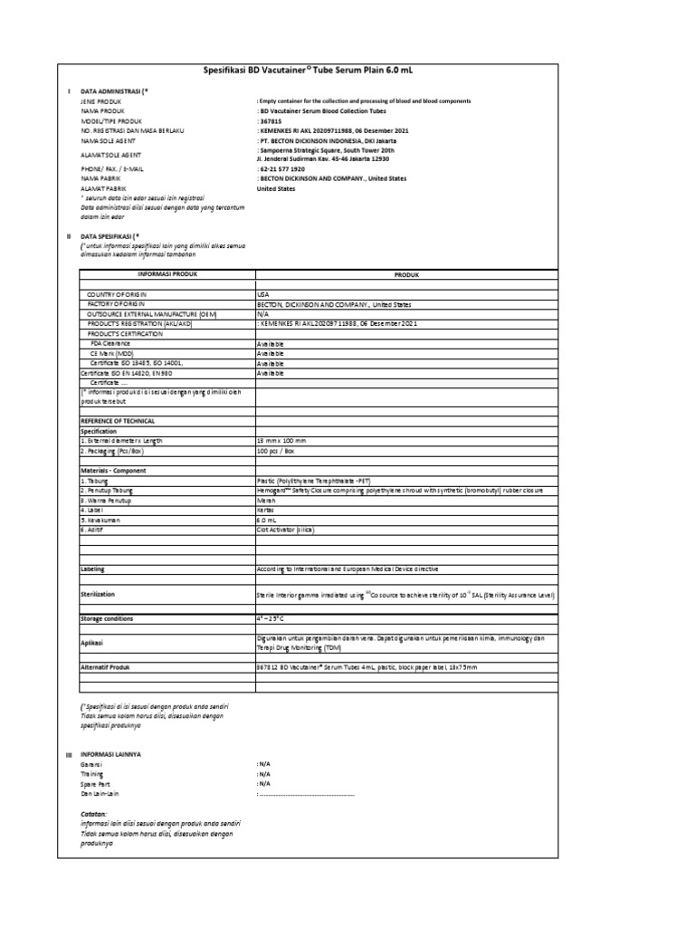 208.BD Vacutainer Serum Blood Collection Tubes 6 ML PDF