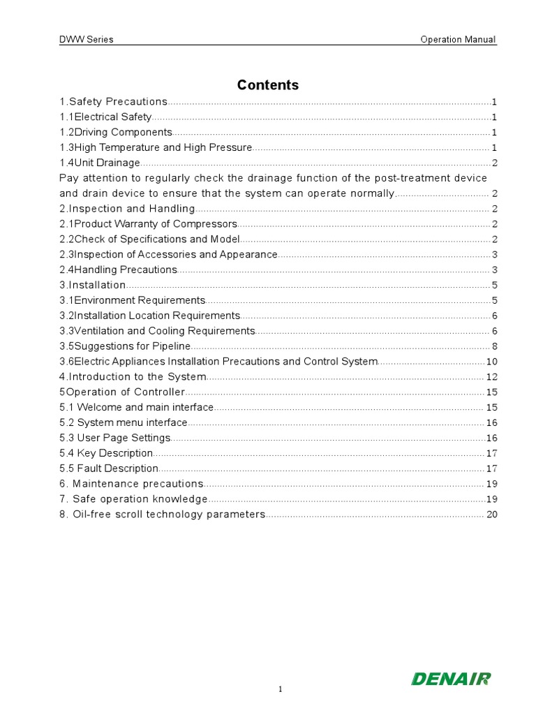 DENAIR Oil Free Scroll Compressor Operation Manual PDF Pipeline