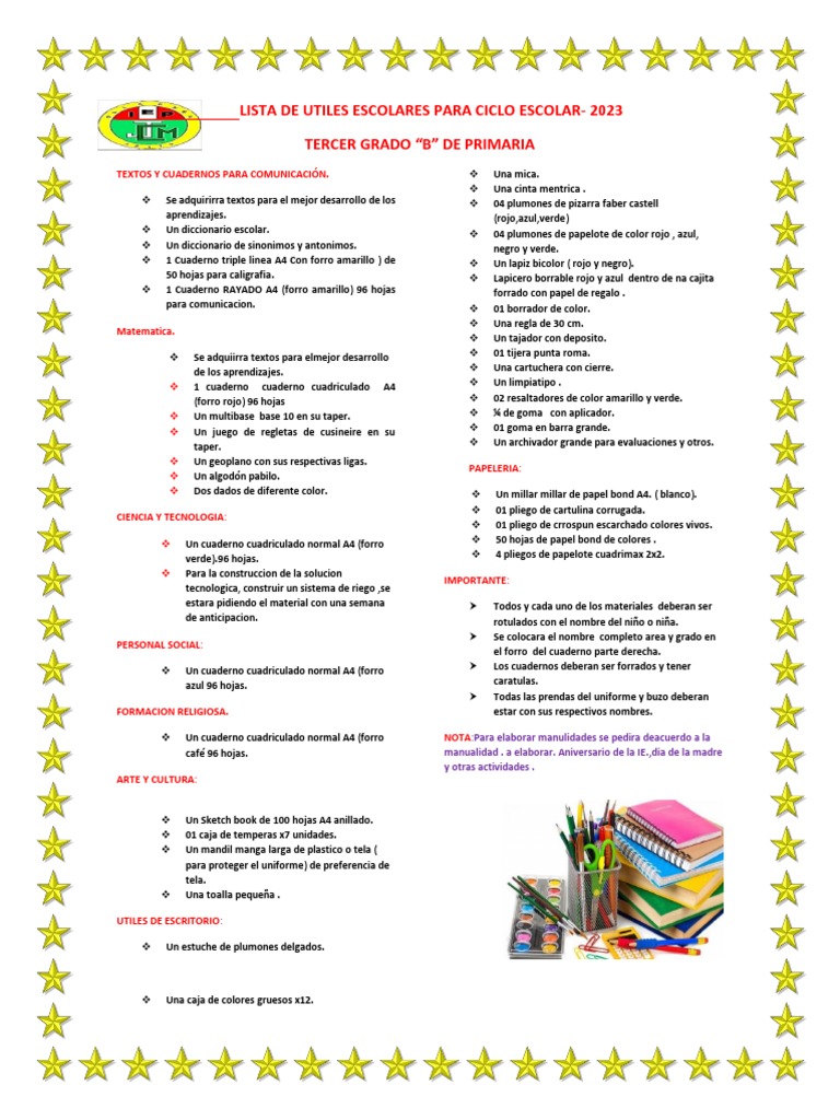 Lista de útiles escolares 3er grado 2023 | PDF | Cuaderno