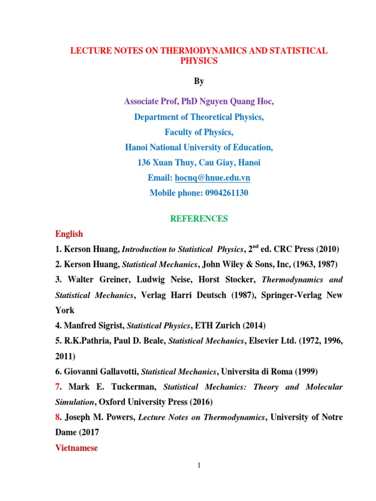 Lecture Notes On Thermodynamics and Statistical Physics Author Nguyen ...