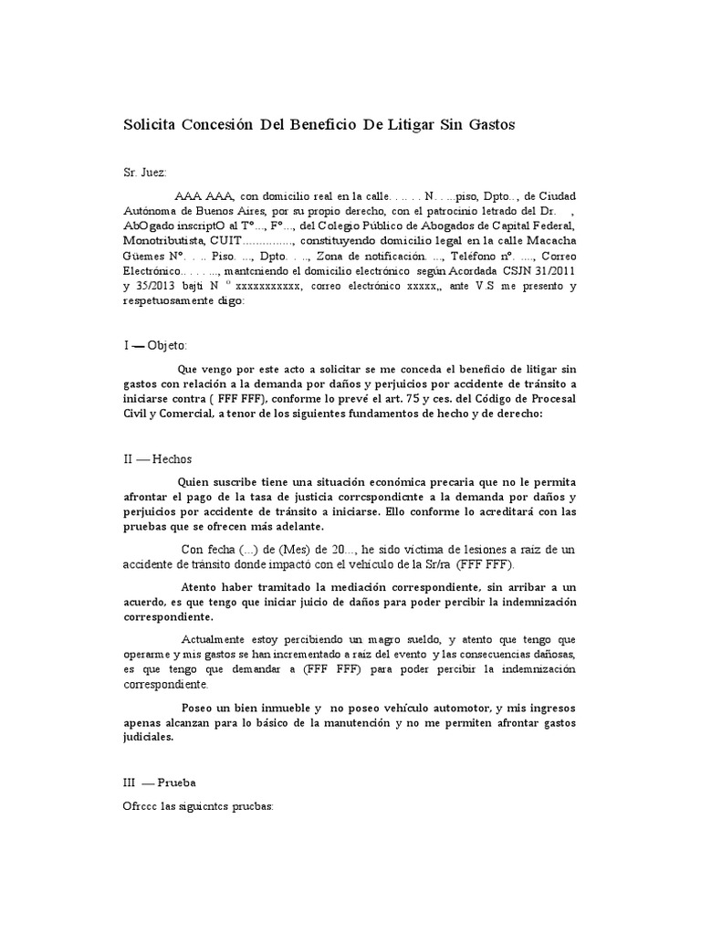 Modelo Beneficio de Litigar Sin Gasots | PDF | Demanda judicial | Justicia