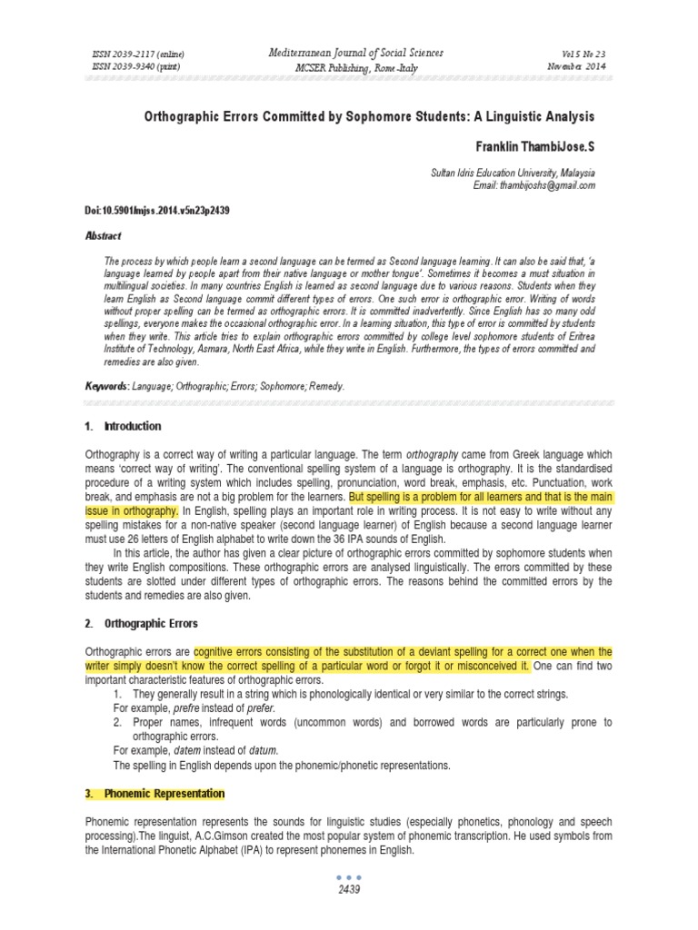 Orthographic Errors by Esl Students | PDF